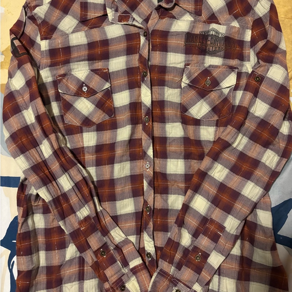 Harley-Davidson Women's Checkered Button-Down Shirt - Red- Cream